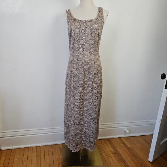 R&M Richards Sequined Lace Sheath‎ Midi Dress 14 Beige Mocha Mother Of The Bride - Picture 3 of 13